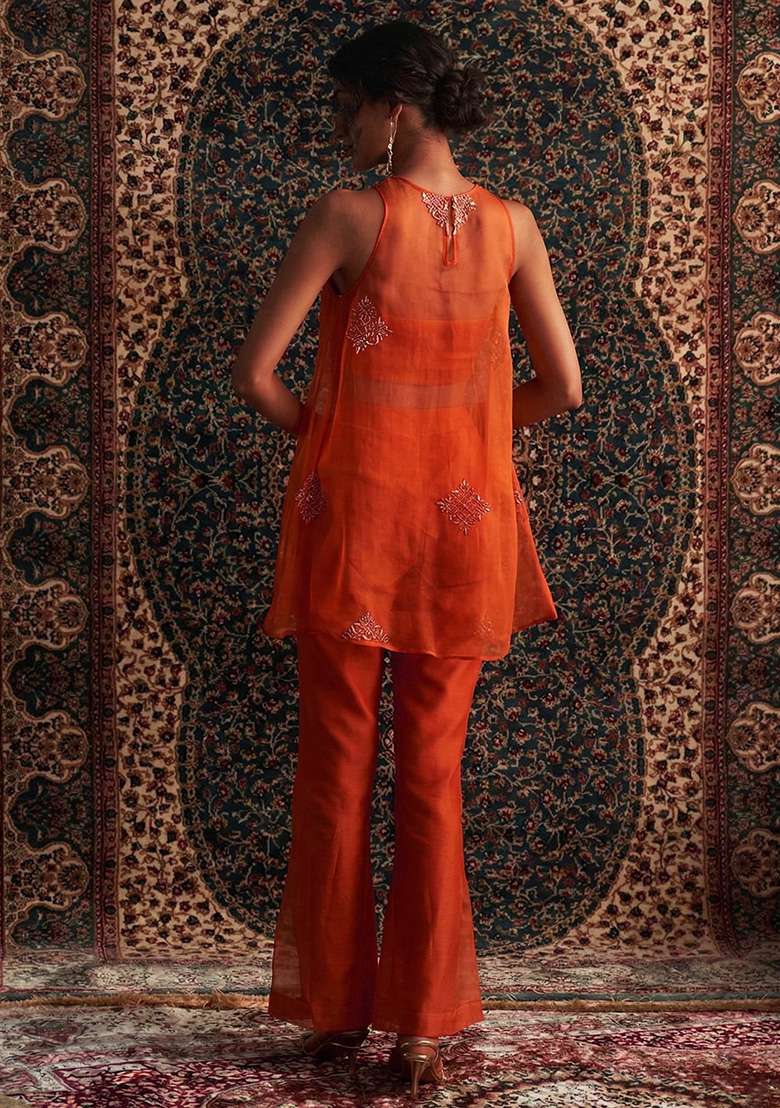 Orange Handwork Organza Fusion Set - Indya