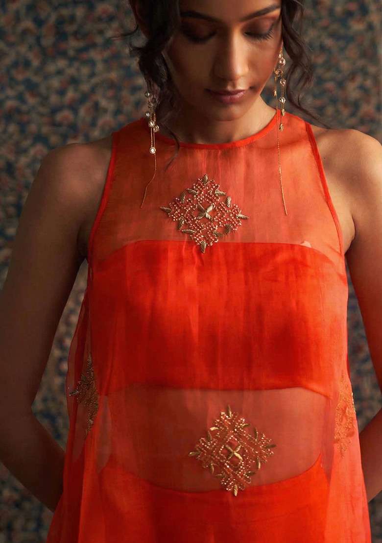 Orange Handwork Organza Fusion Set - Indya