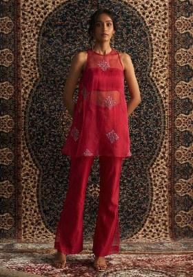 Red Handwork Organza Fusion Set
