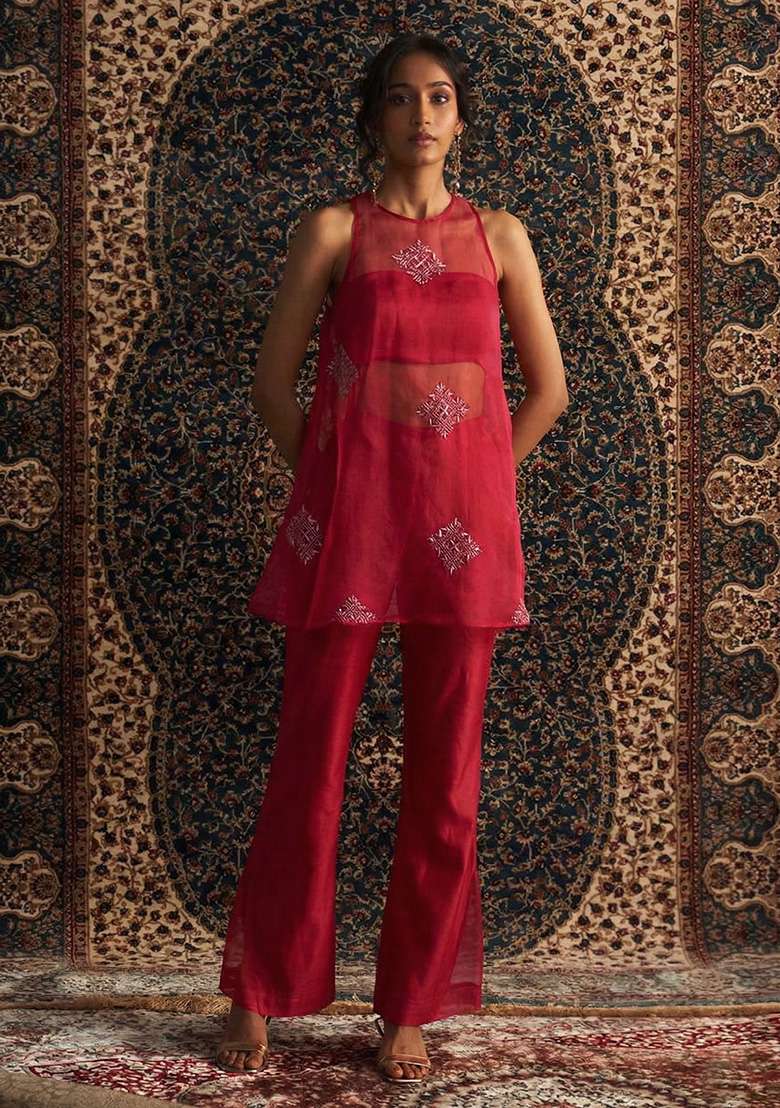 Red Handwork Organza Fusion Set - Indya