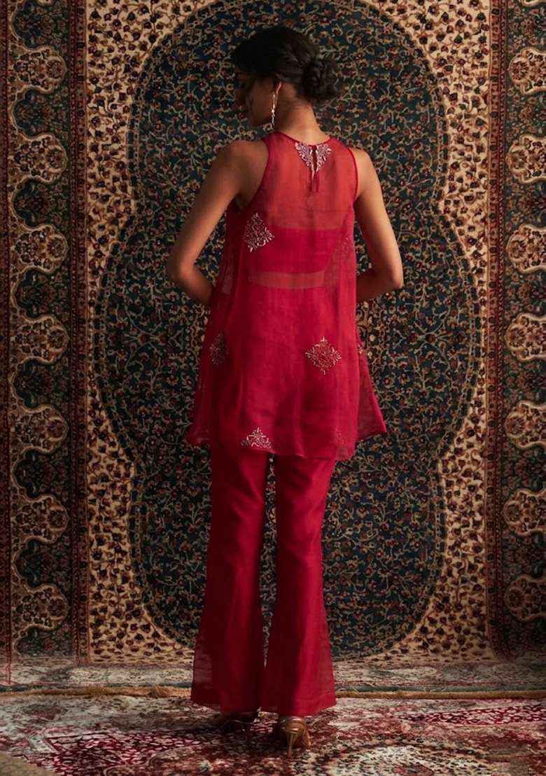 Red Handwork Organza Fusion Set - Indya