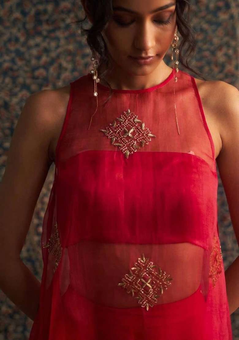 Red Handwork Organza Fusion Set - Indya