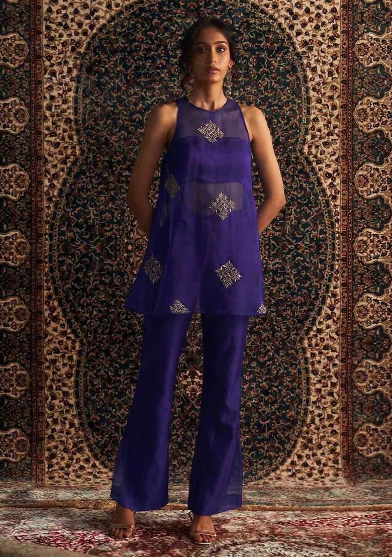 Purple Handwork Organza Fusion Set - Indya