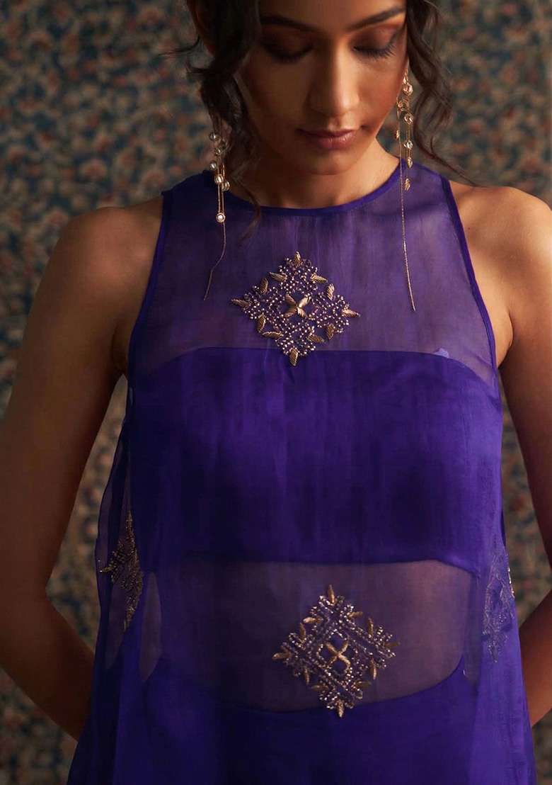 Purple Handwork Organza Fusion Set - Indya
