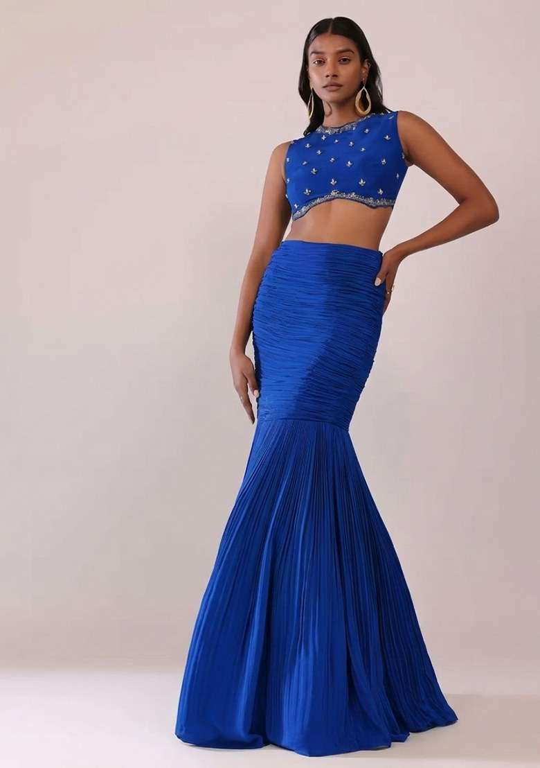 Royal Blue Handwork Crepe Fusion Set - Indya