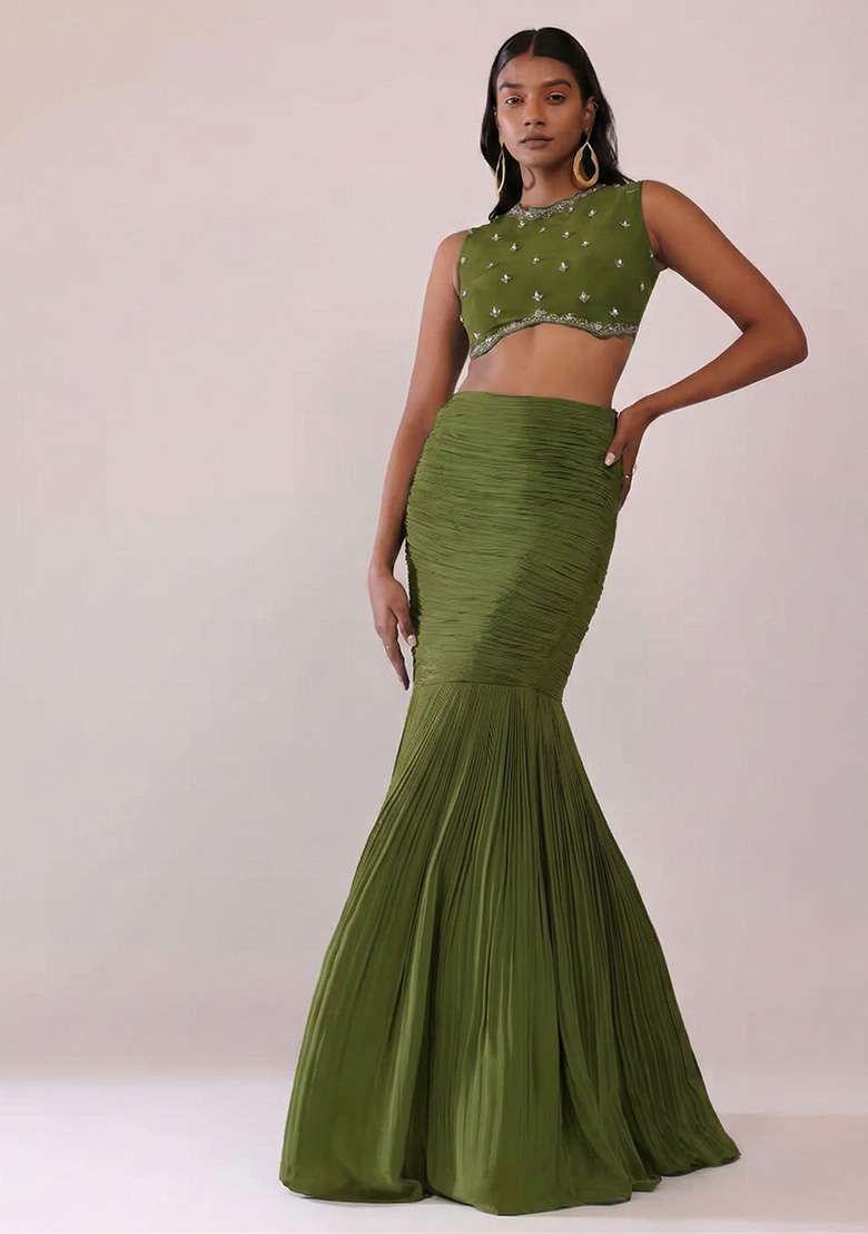 Olive Green Handwork Crepe Fusion Set - Indya