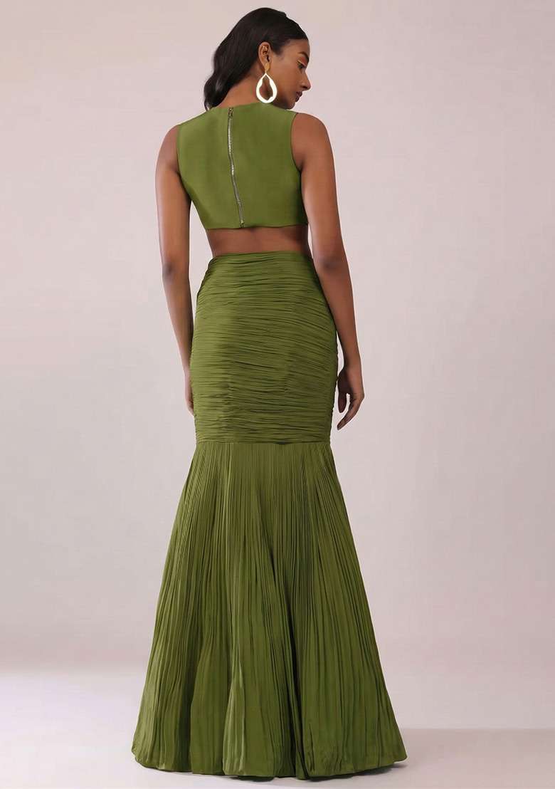 Olive Green Handwork Crepe Fusion Set - Indya