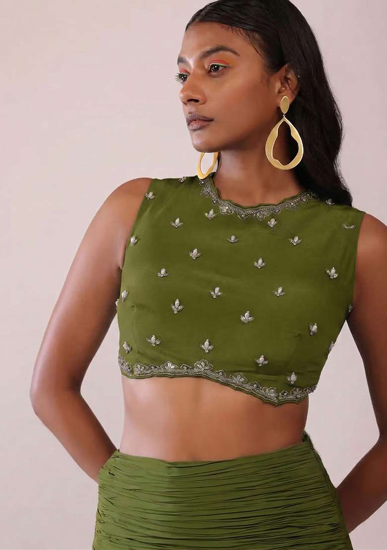 Olive Green Handwork Crepe Fusion Set - Indya