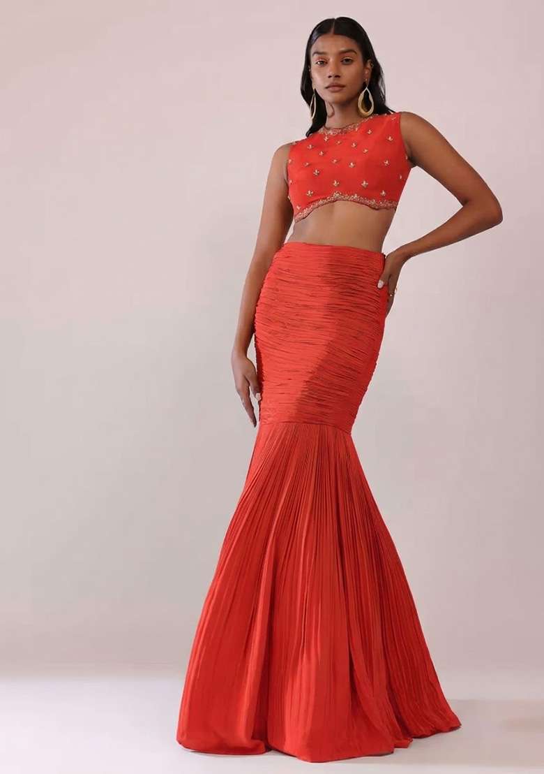 Red Handwork Crepe Fusion Set - Indya