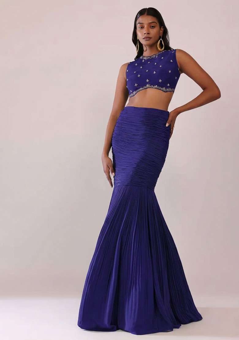 Navy Blue Handwork Crepe Fusion Set - Indya