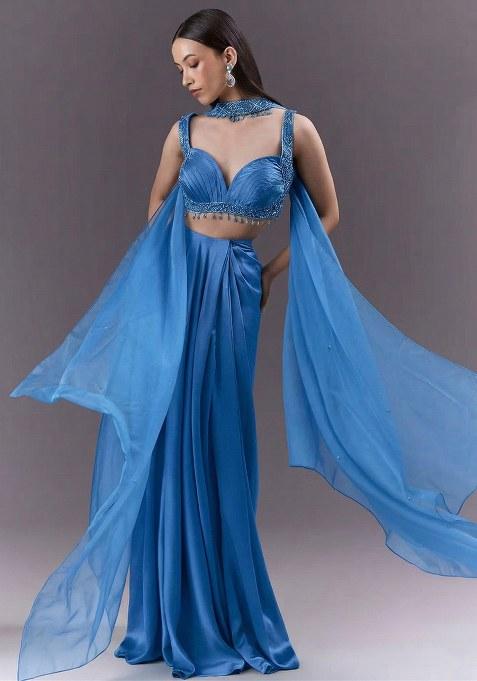 Blue Handwork Satin Fusion Set