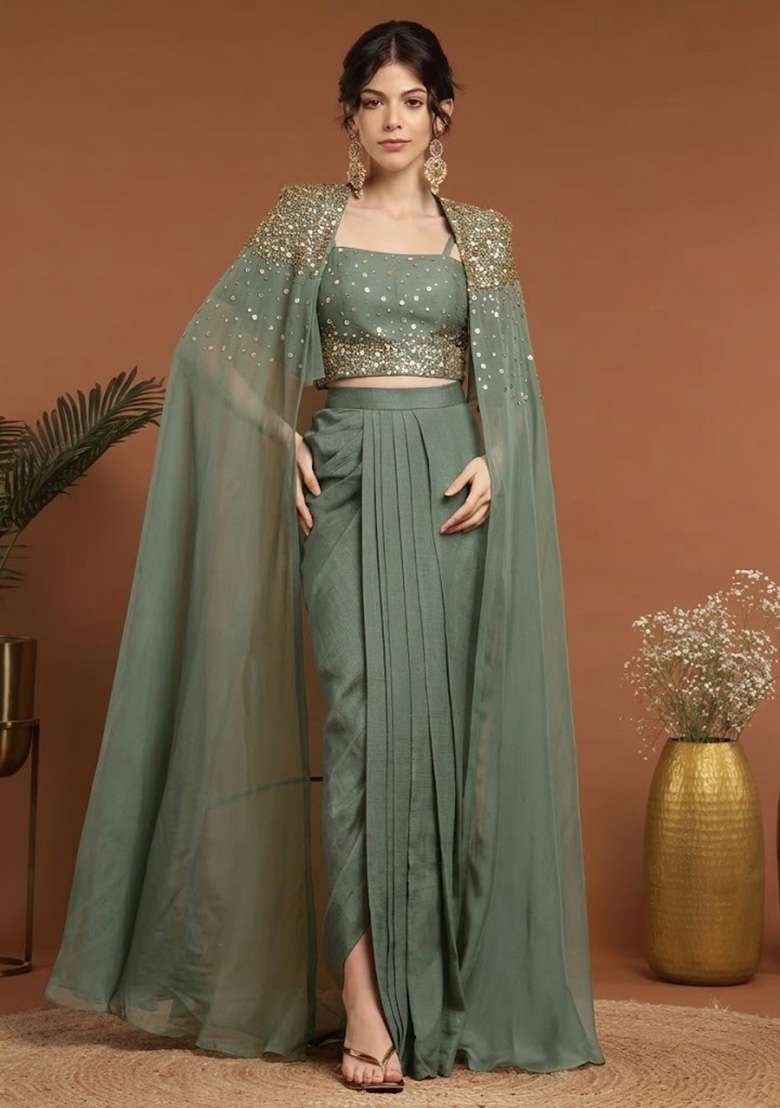 Deep Sage Green Handwork Silk Fusion Set - Indya