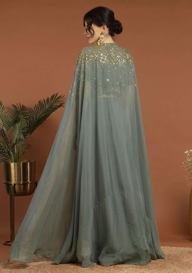 Deep Sage Green Handwork Silk Fusion Set - Indya