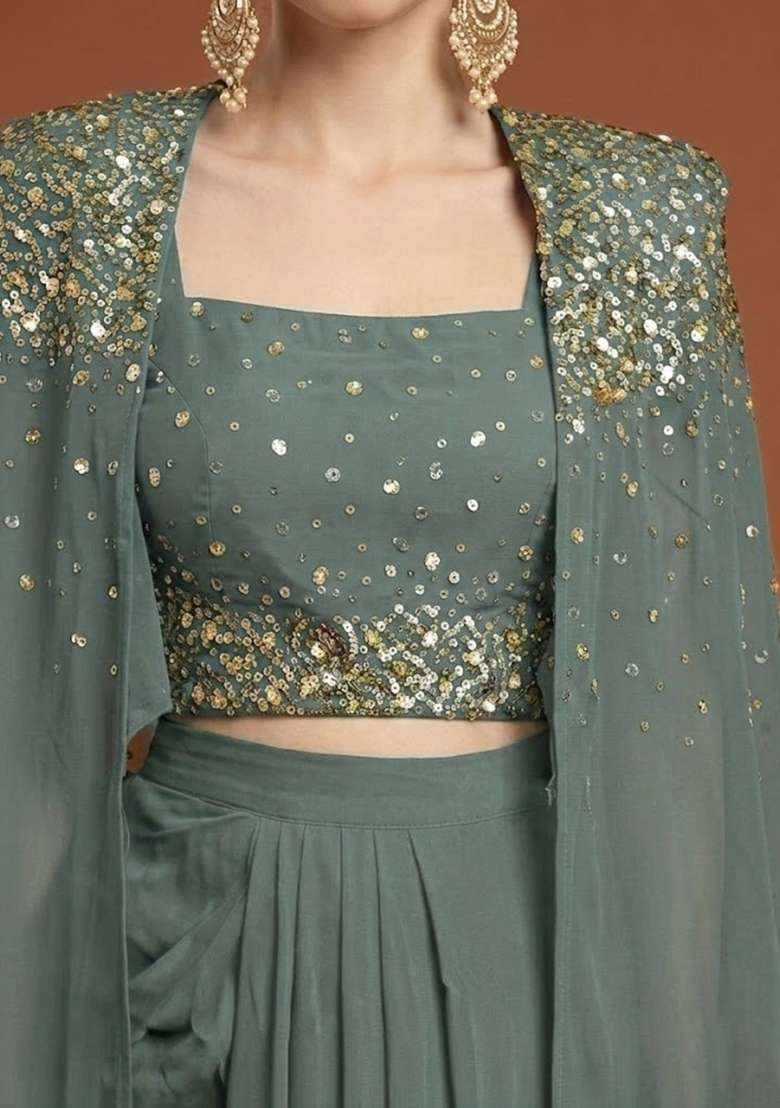 Deep Sage Green Handwork Silk Fusion Set - Indya