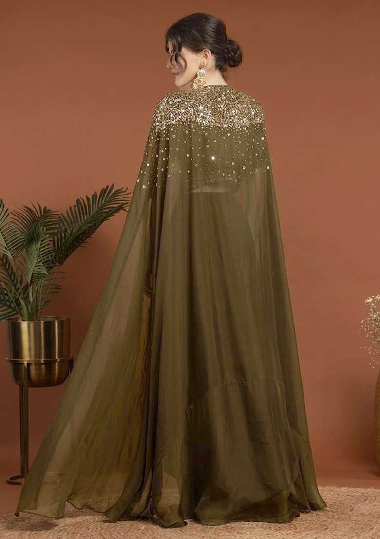 Olive Green Handwork Silk Fusion Set - Indya