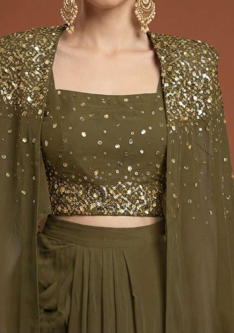 Olive Green Handwork Silk Fusion Set - Indya