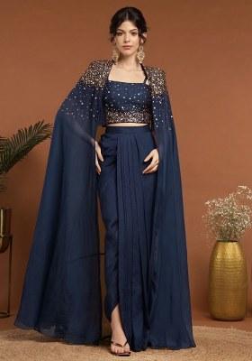 Navy Blue Handwork Silk Fusion Set