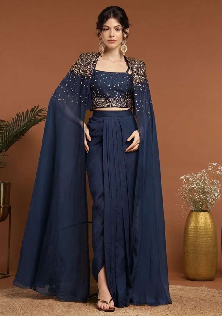 Navy Blue Handwork Silk Fusion Set - Indya