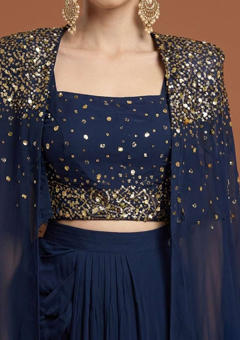Navy Blue Handwork Silk Fusion Set - Indya
