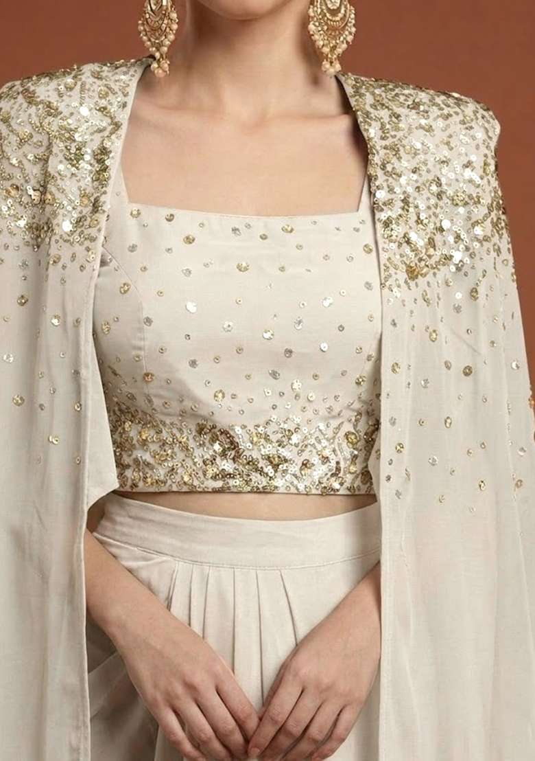 Champagne Beige Handwork Silk Fusion Set - Indya