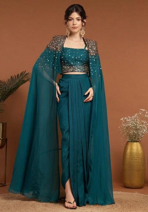 Deep Teal Blue Handwork Silk Fusion Set
