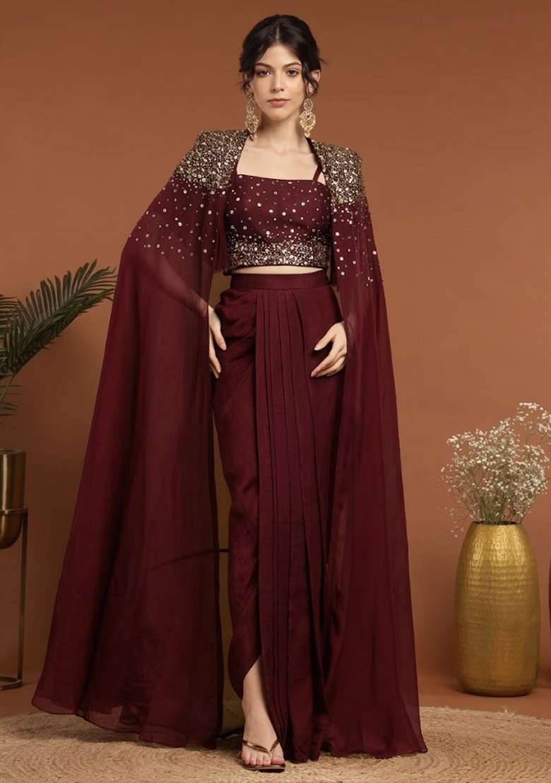 Deep Wine Handwork Silk Fusion Set - Indya
