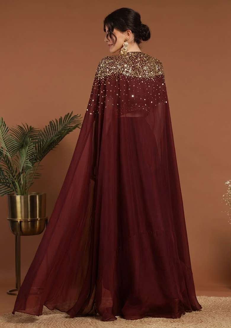 Deep Wine Handwork Silk Fusion Set - Indya