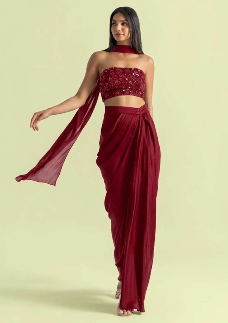Cherry Red Handwork Satin Fusion Set - Indya
