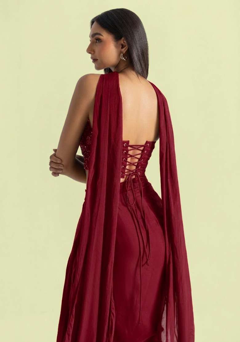 Cherry Red Handwork Satin Fusion Set - Indya