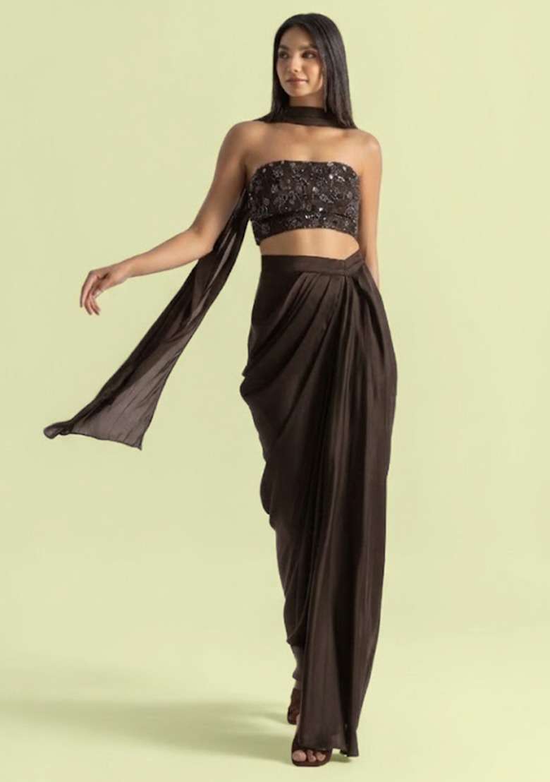 Jet Black Handwork Satin Fusion Set - Indya
