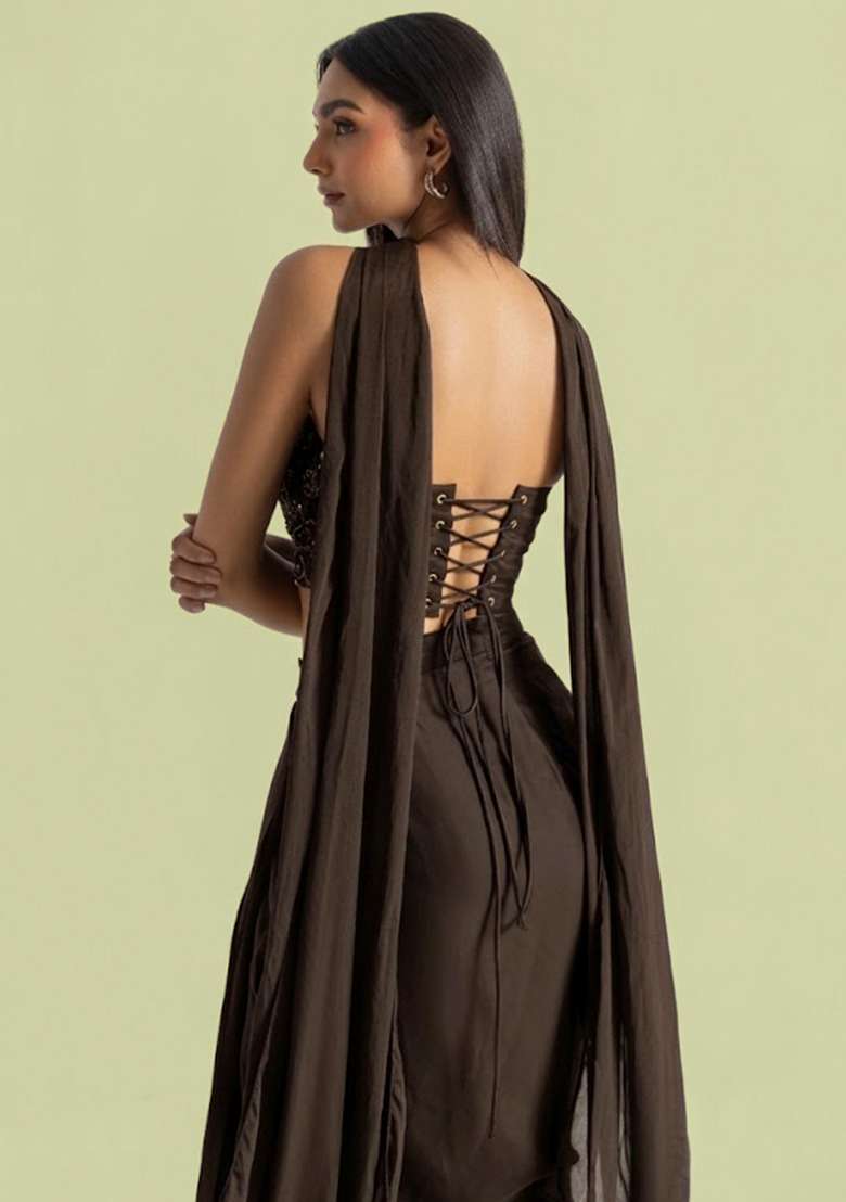 Jet Black Handwork Satin Fusion Set - Indya