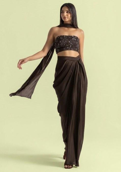 Jet Black Handwork Satin Fusion Set