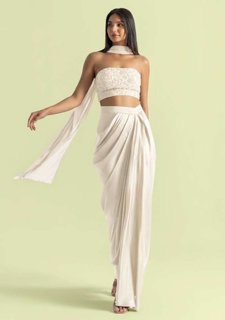 Ivory Handwork Satin Fusion Set - Indya
