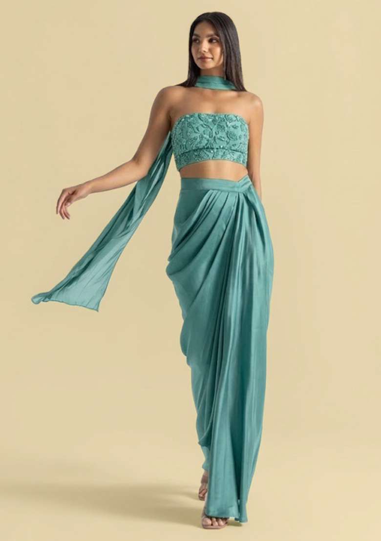 Pastel Green Handwork Satin Fusion Set - Indya