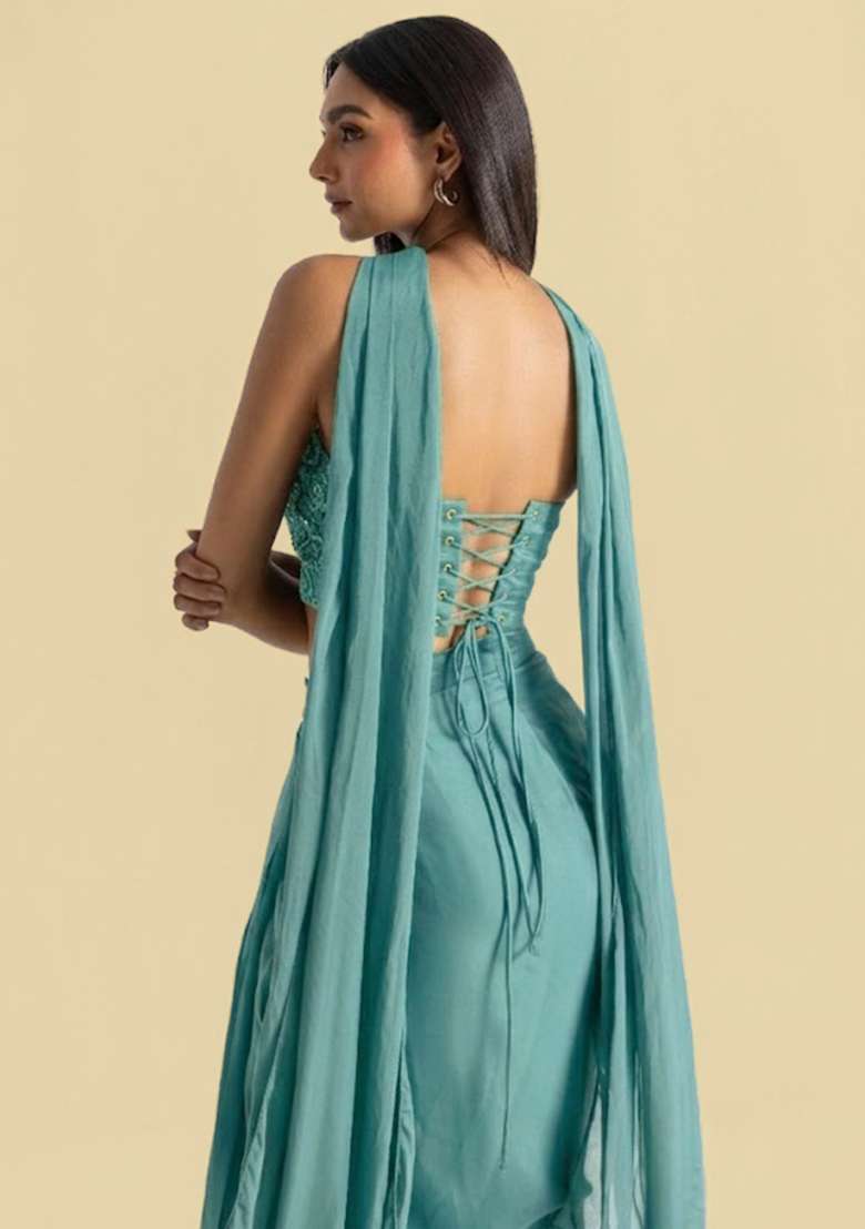 Pastel Green Handwork Satin Fusion Set - Indya