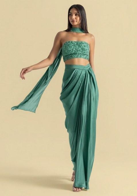 Pastel Green Handwork Satin Fusion Set — view on Indya