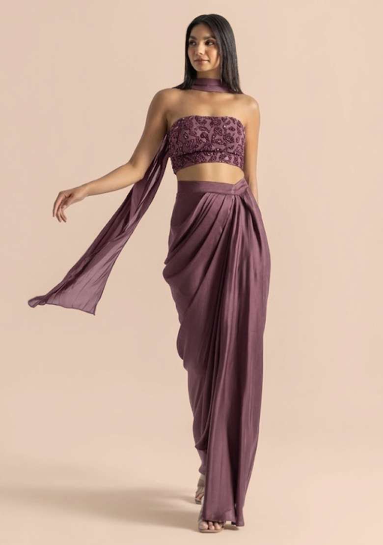 Mauve Handwork Satin Fusion Set - Indya