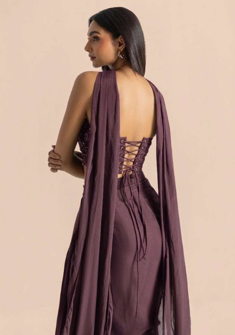 Mauve Handwork Satin Fusion Set - Indya