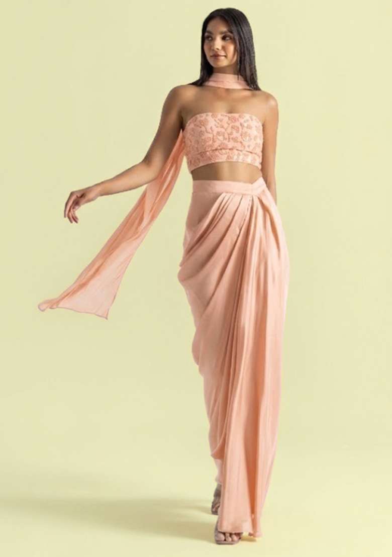 Peach Handwork Satin Fusion Set - Indya