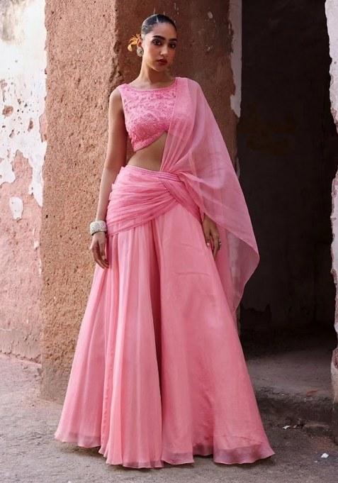 Pink Handwork Organza Fusion Set