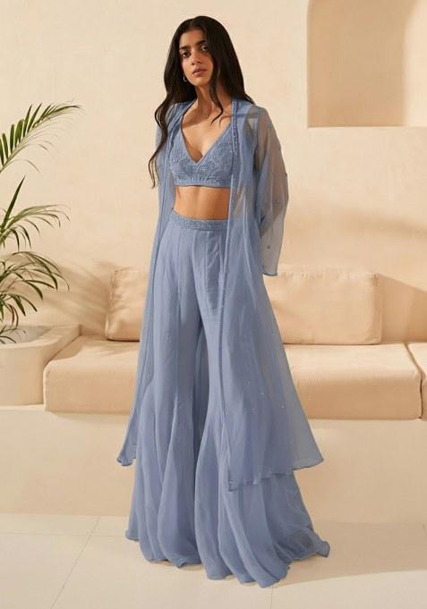 Powder Blue Handwork Organza Fusion Set