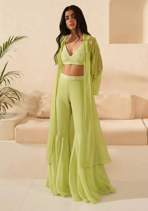 Lime Green Handwork Organza Fusion Set