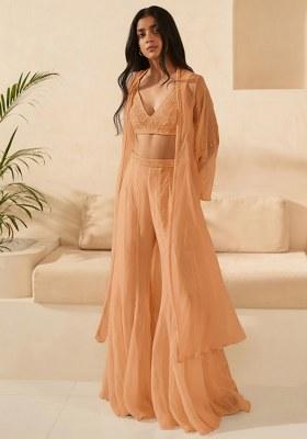 Pastel Peach Handwork Organza Fusion Set