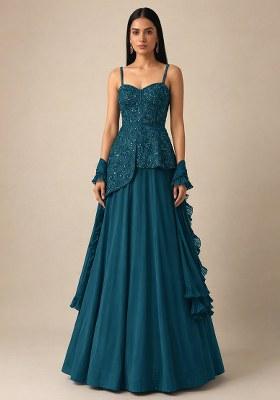 Teal Blue Handwork Crepe Fusion Set