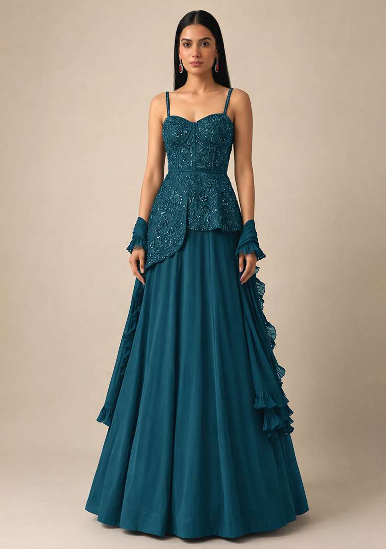 Teal Blue Handwork Crepe Fusion Set - Indya