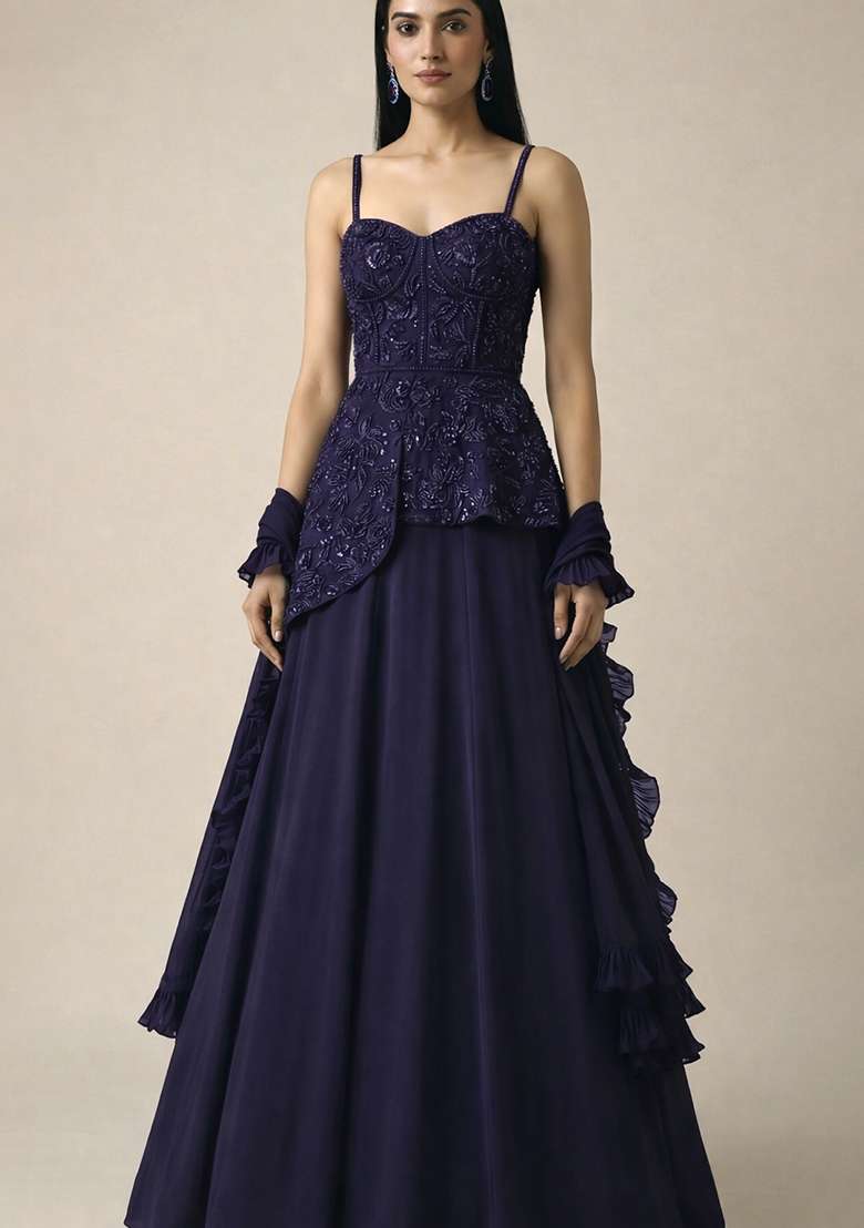 Purple Handwork Crepe Fusion Set - Indya