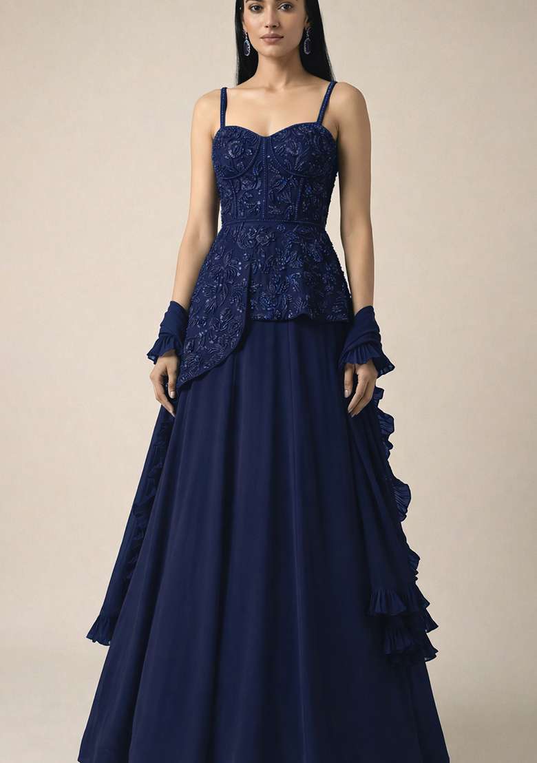 Navy Blue Handwork Crepe Fusion Set - Indya