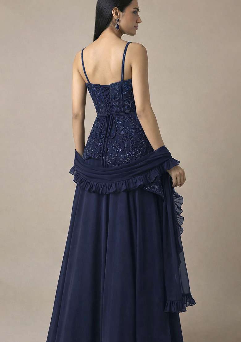 Navy Blue Handwork Crepe Fusion Set - Indya