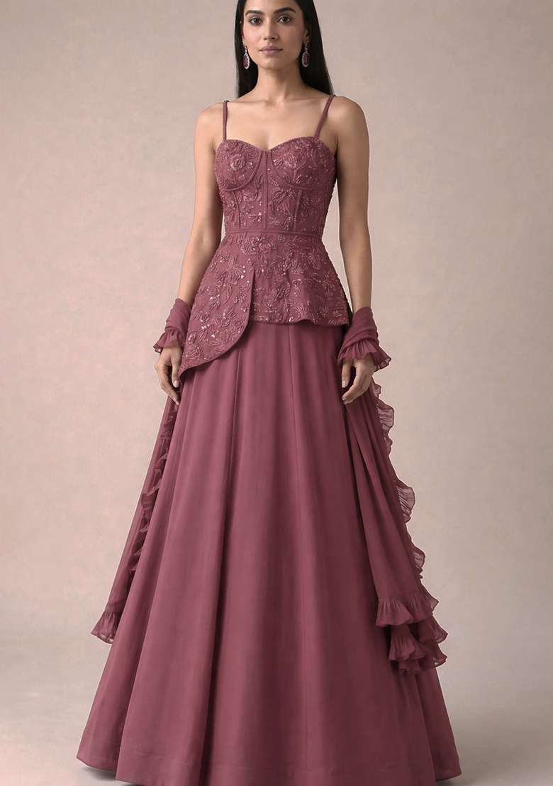 Pink Handwork Crepe Fusion Set - Indya