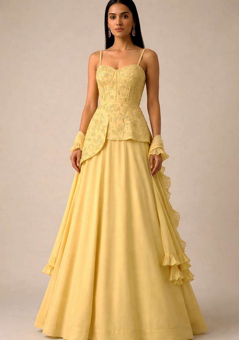 Yellow Handwork Crepe Fusion Set - Indya